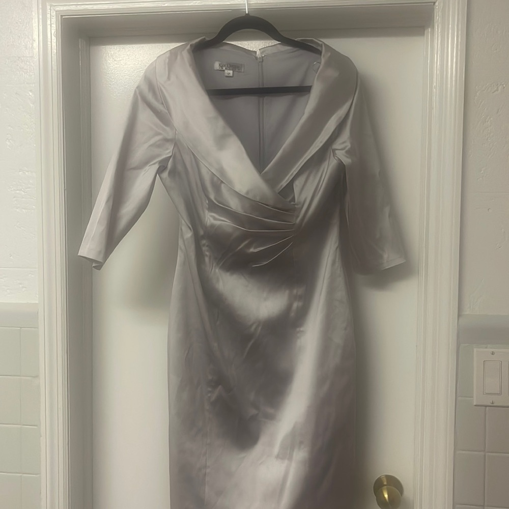 Kay Unger Cocktail Dress in stunning shimmering Pewter/silver satin